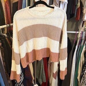 Cozy Cropped Striped Knit Sweater - Cream & Dusty Rose